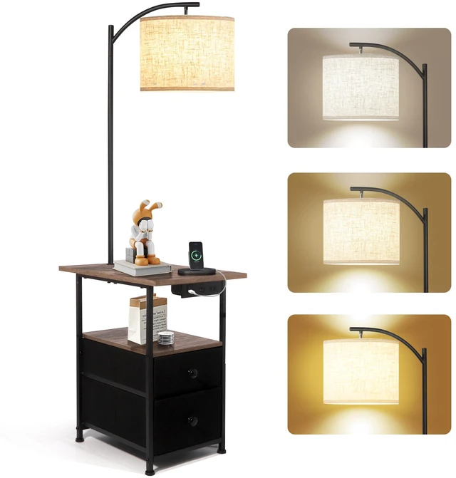 Main image of Floor Lamp with Table & 2 Drawers, End Table with Lamp, Natural Wood | Charging Station with USB, Type-C & AC Outlet; 9W LED Bulb with 3 Color Temperatures for Bedroom, Living Room & Home Office