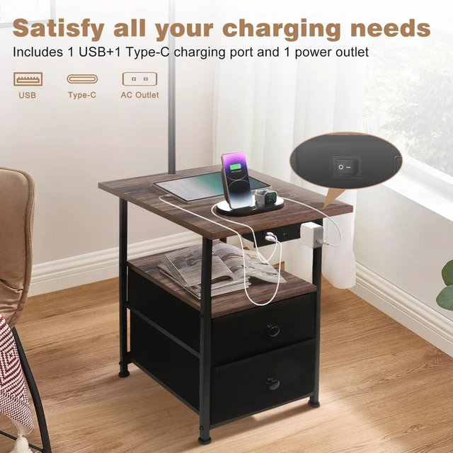 Alt view image 3 of 6 - Floor Lamp with Table & 2 Drawers, End Table with Lamp, Natural Wood | Charging Station with USB, Type-C & AC Outlet; 9W LED Bulb with 3 Color Temperatures for Bedroom, Living Room & Home Office