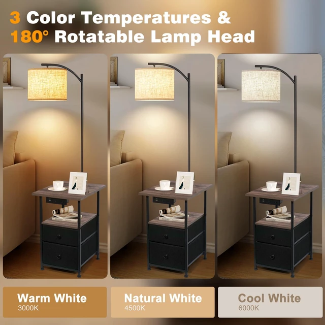 Alt view image 4 of 6 - Floor Lamp with Table & 2 Drawers, End Table with Lamp, Natural Wood | Charging Station with USB, Type-C & AC Outlet; 9W LED Bulb with 3 Color Temperatures for Bedroom, Living Room & Home Office
