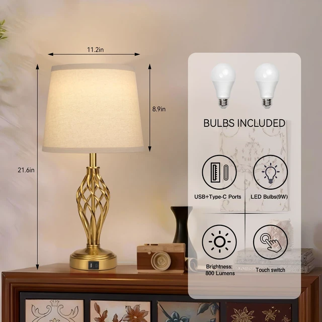 Alt view image 2 of 7 - Touch Table Lamps Set of 2, nightstand lamp with USB Ports Bedside 3 Way Touch dimmer Desk lamp for Living Room Bedroom,Gold Plated Spiral cage Base Design Warm White dimmer Bulbs Included.