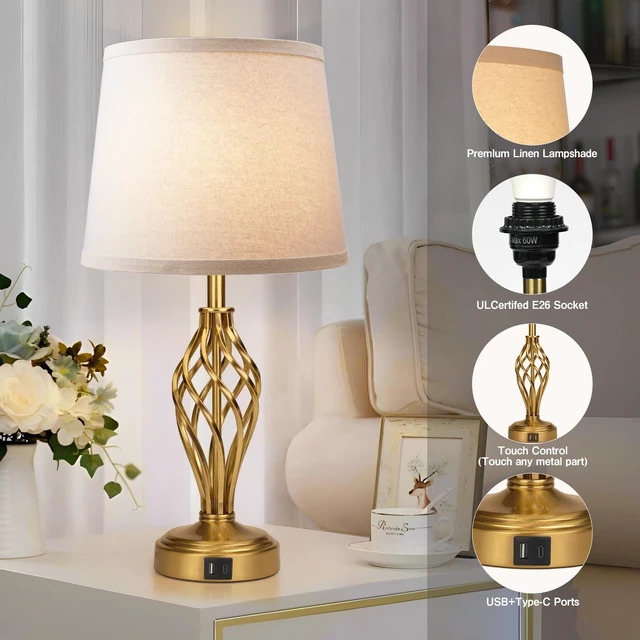 Alt view image 3 of 7 - Touch Table Lamps Set of 2, nightstand lamp with USB Ports Bedside 3 Way Touch dimmer Desk lamp for Living Room Bedroom,Gold Plated Spiral cage Base Design Warm White dimmer Bulbs Included.