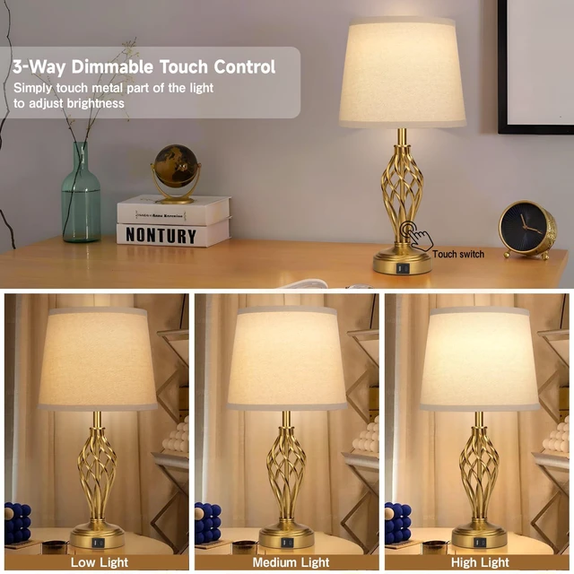 Alt view image 5 of 7 - Touch Table Lamps Set of 2, nightstand lamp with USB Ports Bedside 3 Way Touch dimmer Desk lamp for Living Room Bedroom,Gold Plated Spiral cage Base Design Warm White dimmer Bulbs Included.