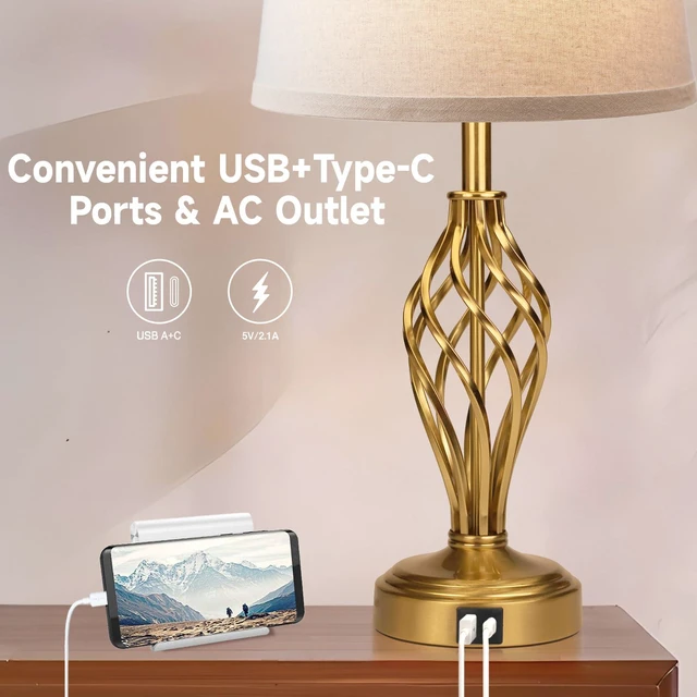 Alt view image 4 of 7 - Touch Table Lamps Set of 2, nightstand lamp with USB Ports Bedside 3 Way Touch dimmer Desk lamp for Living Room Bedroom,Gold Plated Spiral cage Base Design Warm White dimmer Bulbs Included.