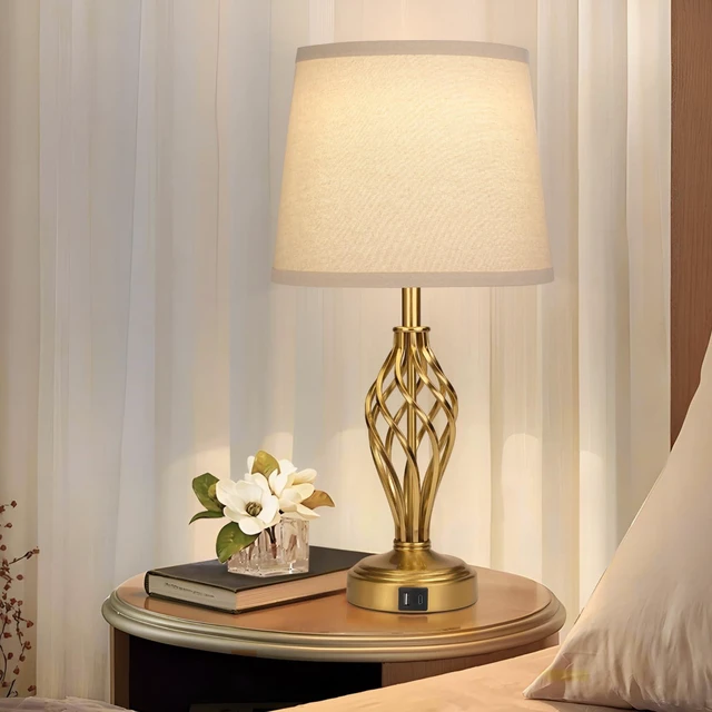 Alt view image 6 of 7 - Touch Table Lamps Set of 2, nightstand lamp with USB Ports Bedside 3 Way Touch dimmer Desk lamp for Living Room Bedroom,Gold Plated Spiral cage Base Design Warm White dimmer Bulbs Included.