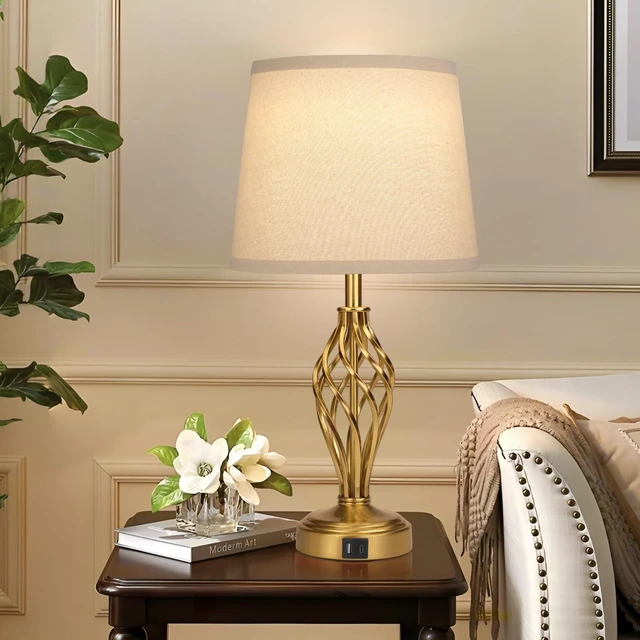 Alt view image 7 of 7 - Touch Table Lamps Set of 2, nightstand lamp with USB Ports Bedside 3 Way Touch dimmer Desk lamp for Living Room Bedroom,Gold Plated Spiral cage Base Design Warm White dimmer Bulbs Included.