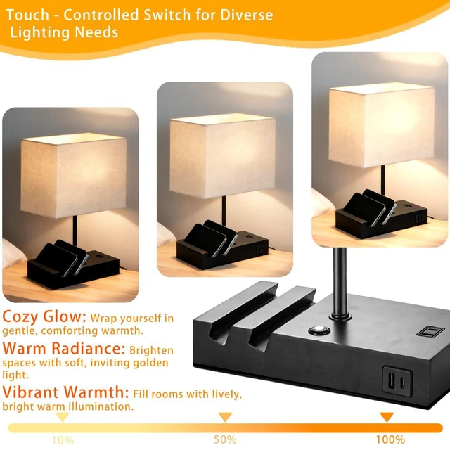 Alt view image 4 of 7 - Touch Nightstand Lamp with USB C Port for Bedroom, Bedside Lamps with Charging Station, Small Table Lamp with Charging Outlets and Phone Stands Bulb Included (Black)