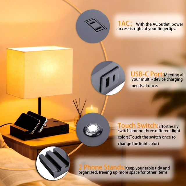 Alt view image 5 of 7 - Touch Nightstand Lamp with USB C Port for Bedroom, Bedside Lamps with Charging Station, Small Table Lamp with Charging Outlets and Phone Stands Bulb Included (Black)