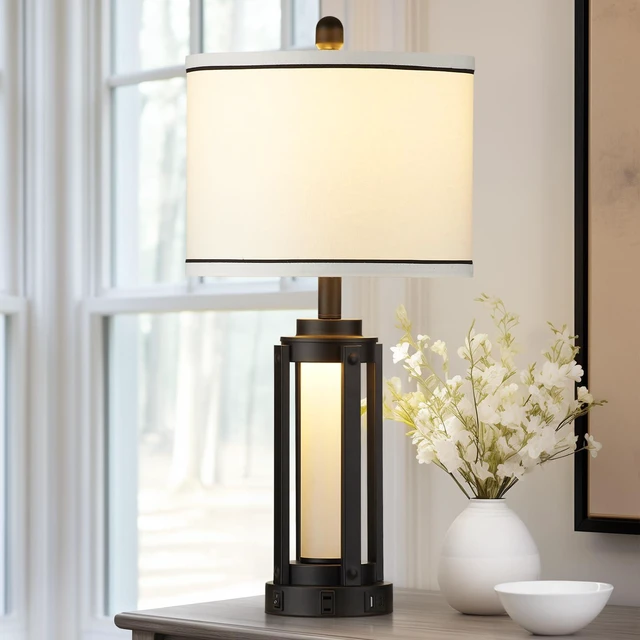 Alt view image 7 of 7 - 26" Modern Table Lamp with USB A+C Charging Ports & AC Outlet, Industrial Beside Contemporary Lamp Glass LED Night Light for Living Room Bedroom Nightstand End Table Single Black(2 Bulbs Included)