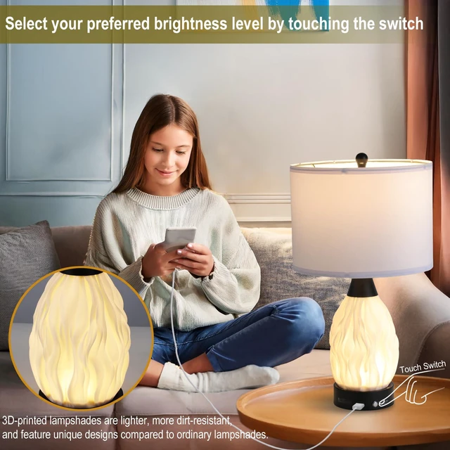 Alt view image 3 of 7 - 22''Touch Control Table Lamps Set of 2,Stepless Dimmable Bedside Lamps with USB Charging Ports, Black and Cream Living Room End Nightstand Table Lamps with Linen Lampshade, LED Bulbs Included