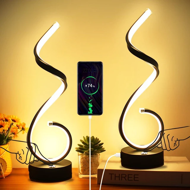 Main image of Modern Spiral LED Table Lamp Set of 2, 10W Touch Control Table Lamp with USB Charging Ports, Dimmable 3 Color Modes Bedside Nightstand Desk Lamp Light for Bedroom, Living Room, Office -Black