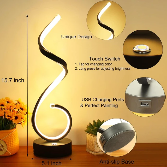 Alt view image 4 of 7 - Modern Spiral LED Table Lamp Set of 2, 10W Touch Control Table Lamp with USB Charging Ports, Dimmable 3 Color Modes Bedside Nightstand Desk Lamp Light for Bedroom, Living Room, Office -Black