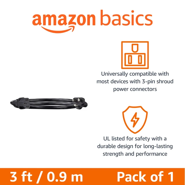 Alt view image 2 of 5 - PC Power Cord, 3 Feet, 3 Prong AC Power Cord for Monitor, Computer, TV, 18 AWG, 125 Volts, Black