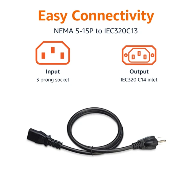 Alt view image 3 of 5 - PC Power Cord, 3 Feet, 3 Prong AC Power Cord for Monitor, Computer, TV, 18 AWG, 125 Volts, Black