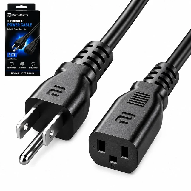 Main image of 3 Prong AC Power Cord 5 FT/1.5M - NEMA 5-15P to IEC C13 - Computer PC Cable | Replacement Power Cable for Monitor, TV, Printer, Desktop PC, CPU & Workstation Heavy-Duty, Reliable & Flexible
