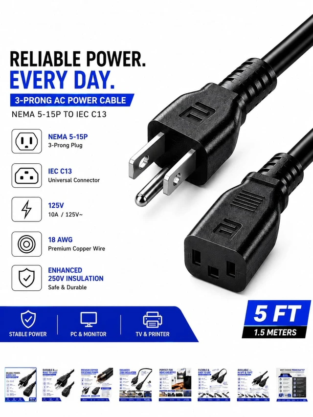 Alt view image 2 of 7 - 3 Prong AC Power Cord 5 FT/1.5M - NEMA 5-15P to IEC C13 - Computer PC Cable | Replacement Power Cable for Monitor, TV, Printer, Desktop PC, CPU & Workstation Heavy-Duty, Reliable & Flexible