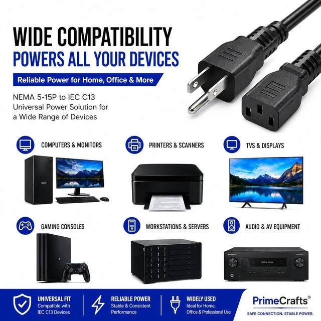 Alt view image 3 of 7 - 3 Prong AC Power Cord 5 FT/1.5M - NEMA 5-15P to IEC C13 - Computer PC Cable | Replacement Power Cable for Monitor, TV, Printer, Desktop PC, CPU & Workstation Heavy-Duty, Reliable & Flexible