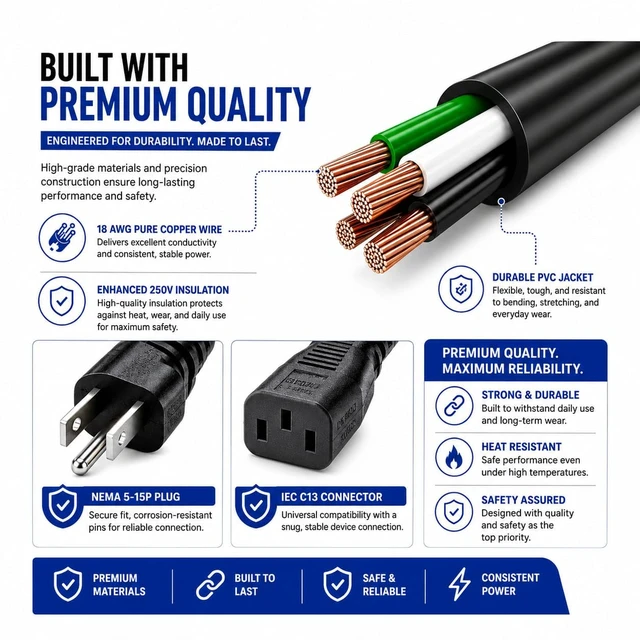 Alt view image 4 of 7 - 3 Prong AC Power Cord 5 FT/1.5M - NEMA 5-15P to IEC C13 - Computer PC Cable | Replacement Power Cable for Monitor, TV, Printer, Desktop PC, CPU & Workstation Heavy-Duty, Reliable & Flexible