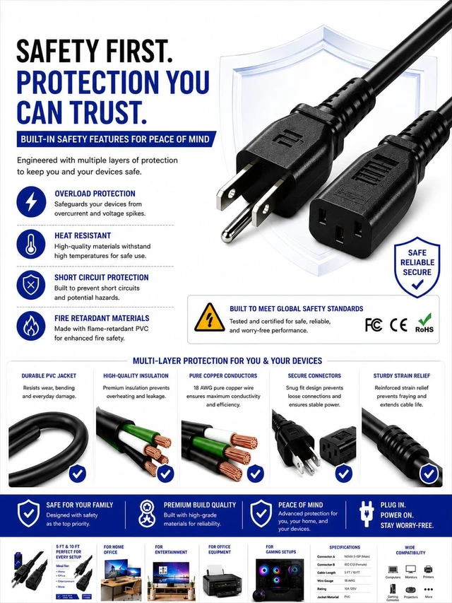 Alt view image 6 of 7 - 3 Prong AC Power Cord 5 FT/1.5M - NEMA 5-15P to IEC C13 - Computer PC Cable | Replacement Power Cable for Monitor, TV, Printer, Desktop PC, CPU & Workstation Heavy-Duty, Reliable & Flexible