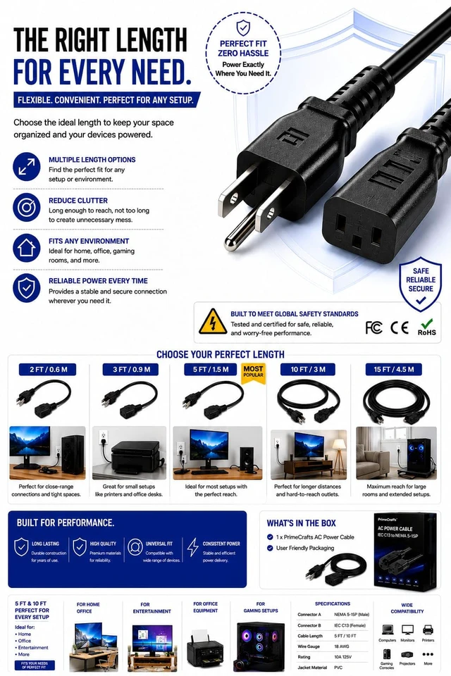 Alt view image 7 of 7 - 3 Prong AC Power Cord 5 FT/1.5M - NEMA 5-15P to IEC C13 - Computer PC Cable | Replacement Power Cable for Monitor, TV, Printer, Desktop PC, CPU & Workstation Heavy-Duty, Reliable & Flexible