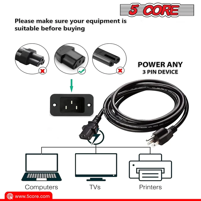 Alt view image 4 of 7 - 6 Feet 3 Prong Replacement AC Wall Power Cord for LCD Computer Monitor Premium Quality Copper Wire PC 1002