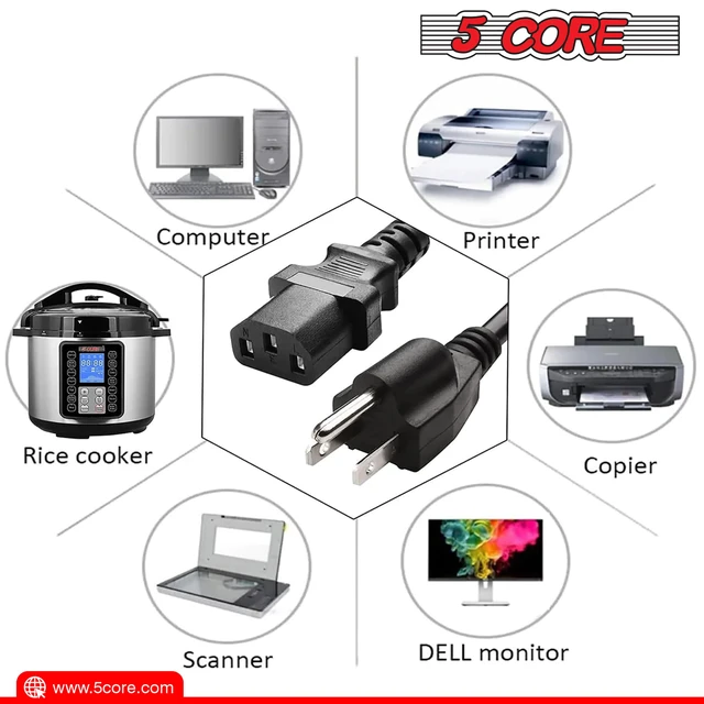 Alt view image 5 of 7 - 6 Feet 3 Prong Replacement AC Wall Power Cord for LCD Computer Monitor Premium Quality Copper Wire PC 1002
