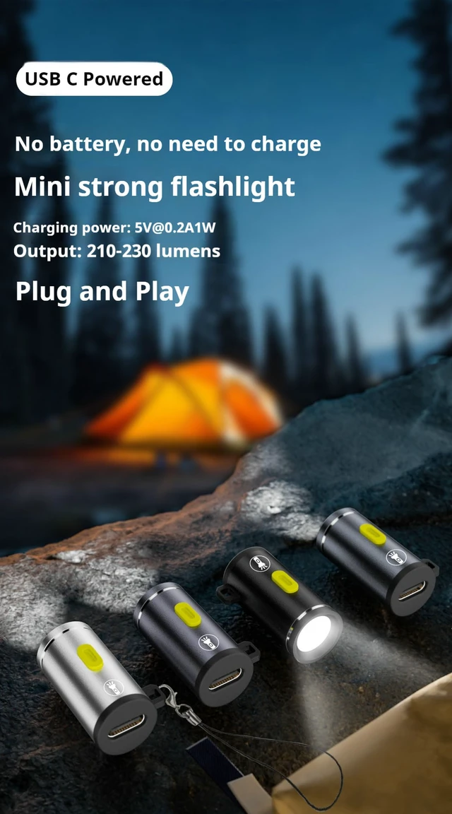 Alt view image 2 of 7 - USB C Mini Glare Torch USB Type C Emergency Llluminated Lamp, 5V 1W, Aluminium Alloy, Shell with Keychain Lanyard, for Camping Outdoor, 2Pcs