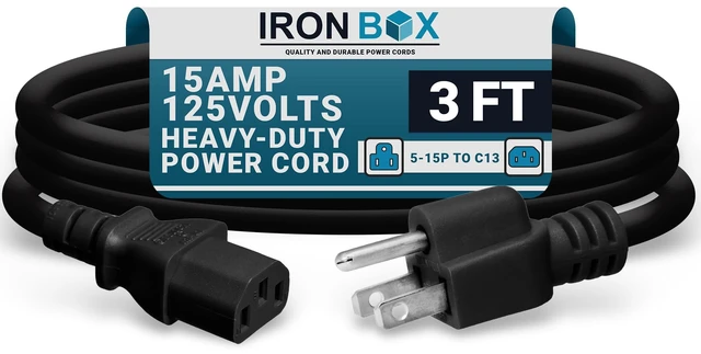 Main image of Electric - Heavy-Duty 5-15P to C13 Power Cord - 3 Prong 15A 125V 14/3 SJT PC Cable - Cord for Computer, Monitor, Subwoofer, Amplifier - Cable for Power Supply - (Black 3 Foot)