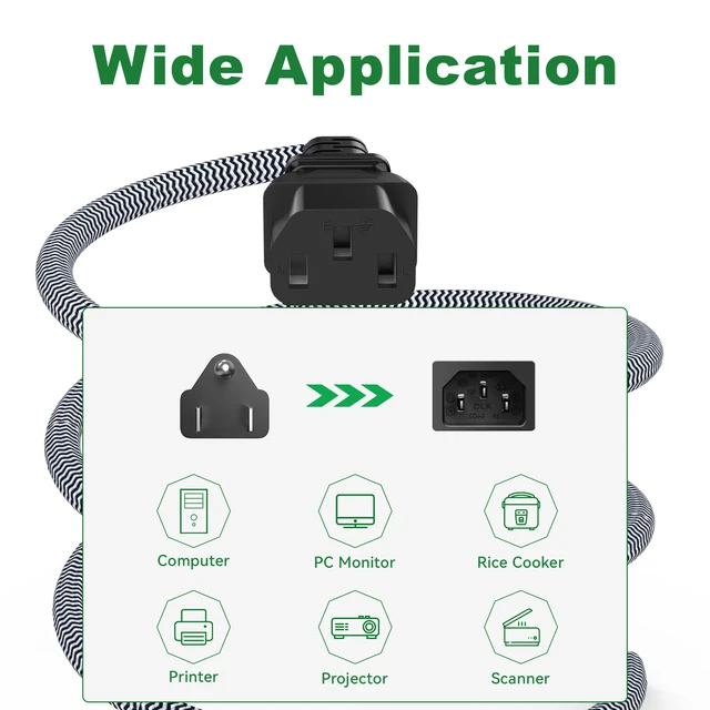 Alt view image 6 of 6 - 6FT Computer Power Cord (1 Pack), 3 Prong Nylon Braided Replacement Power Cable, NEMA 5-15P to IEC13, 18AWG, 10A 110V-300V(MAX), AC Power Cord for TV, Monitor, Appliance, Desktop, Scanner, Printer