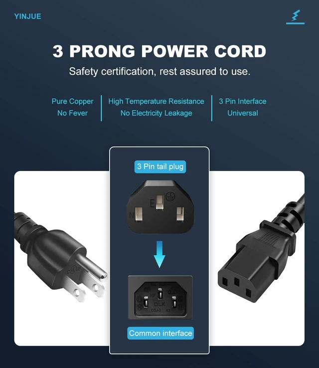 Alt view image 2 of 6 - 6 FT 3 Prong Computer Power Cord for Desktop PC Gaming Tower AIO Monitor | ompatible with Dell OptiPlex Alienware XPS HP Elite Pavilion Envy Acer Lenovo ThinkCentre MSI iMac