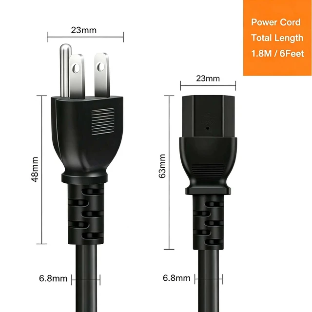 Alt view image 6 of 6 - 6 Feet Universal 3 Prong AC Power Cord, Replacement Power Cable for PC, Monitor, TV, Printer, Desktop Computer