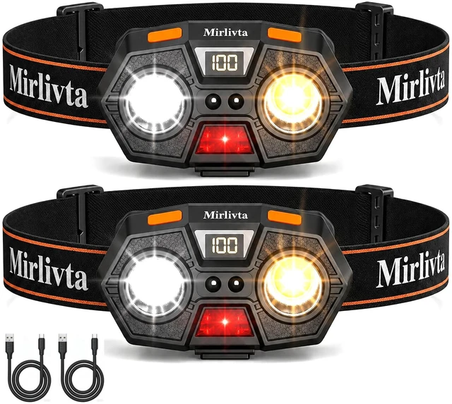 Main image of Rechargeable LED Headlamp Flashlight Super Bright, Camping, Hiking | Digital display, mode memory, motion sensor, IPX5 waterproof, 3 colors, 2-Pack extended runtime headlight for running, adults