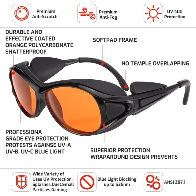 Alt view image 3 of 7 - Professional UV Light Safety Glasses for 90nm-490nm wavelength UV lamps, UVC protective glasses, blocking blue light , Anti-Fatigue Anti Glare, shatterproof, anti-scratch and anti-fog, orange lenses