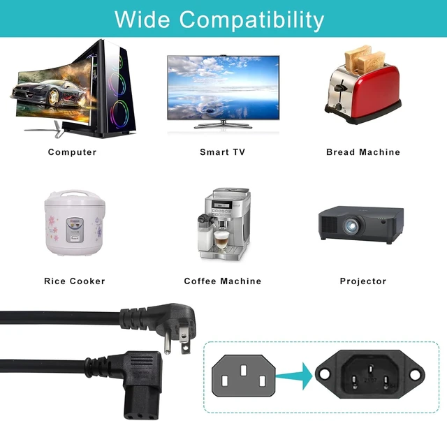 Alt view image 7 of 7 - 90 Degree Computer Power Cord - 6FT Right Angle IEC Power Cord, Universal PC Power Supply Cord, 16AWG, Black NEMA 5-15P Angle Type to C13 3 Prong Angled AC Power Cord for PC Monitor/Wall Mounting TV