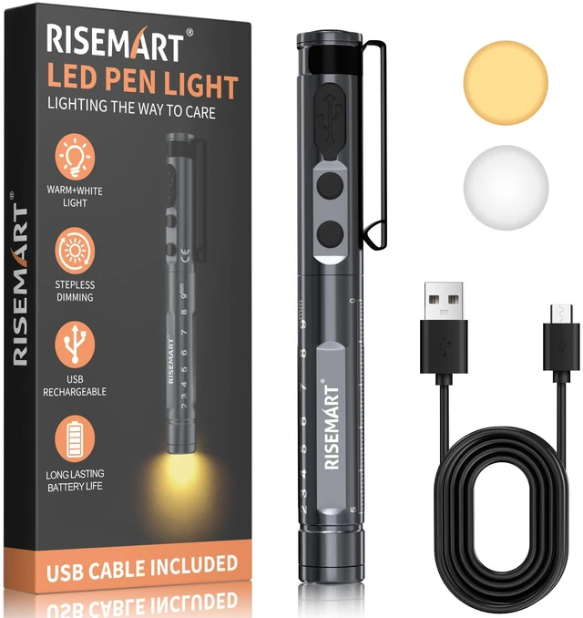Main image of Rechargeable Pen Light for Nurses LED Medical PenLight | Warm/White Light, Stepless Dimming, Aluminum Alloy, Metal Pocket Clip, Integrated Pupil Gauge & Ruler, First Aid Accessories