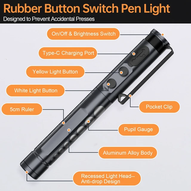 Alt view image 5 of 7 - Rechargeable Pen Light for Nurses LED Medical PenLight | Warm/White Light, Stepless Dimming, Aluminum Alloy, Metal Pocket Clip, Integrated Pupil Gauge & Ruler, First Aid Accessories