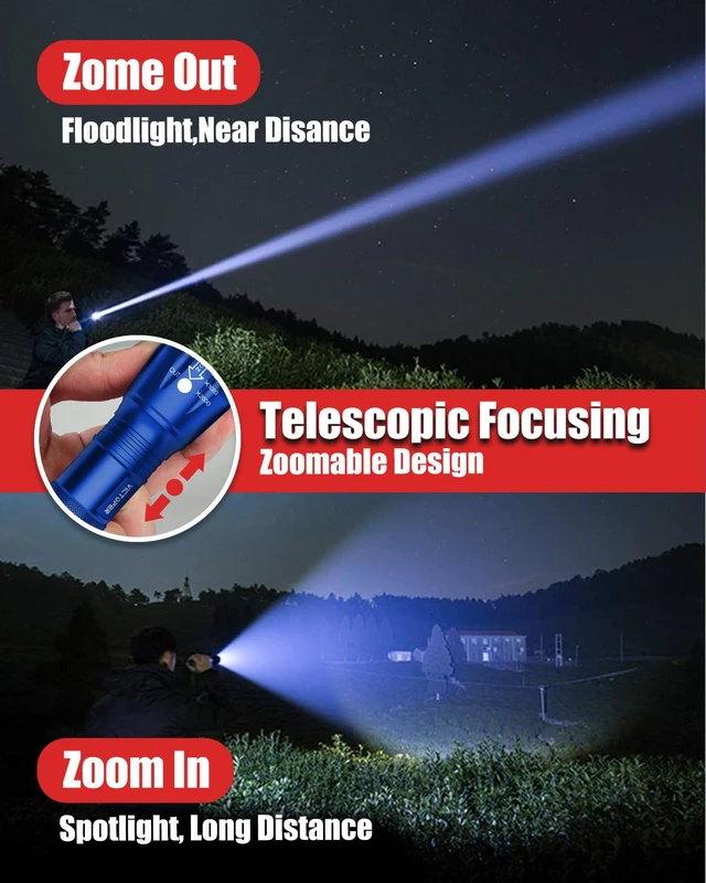 Alt view image 2 of 6 - LED Flashlight 2 Pack Blue, Bright Tactical Torch High Lumens 5 Modes, Waterproof Zoomable Flash Light for Outdoor, Birthday Gifts for Men, Dorm Room Hiking Camping Essentials Gear for Guys