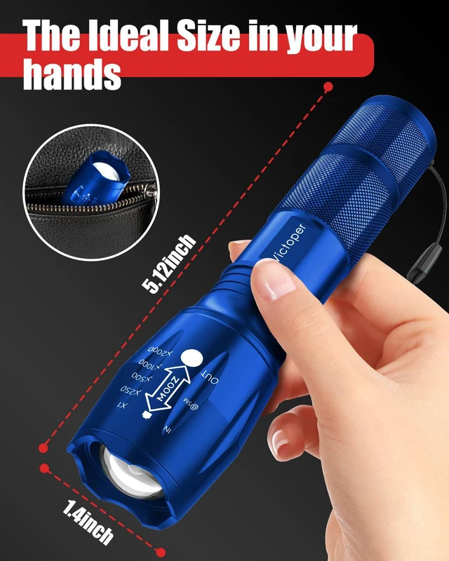 Alt view image 5 of 6 - LED Flashlight 2 Pack Blue, Bright Tactical Torch High Lumens 5 Modes, Waterproof Zoomable Flash Light for Outdoor, Birthday Gifts for Men, Dorm Room Hiking Camping Essentials Gear for Guys