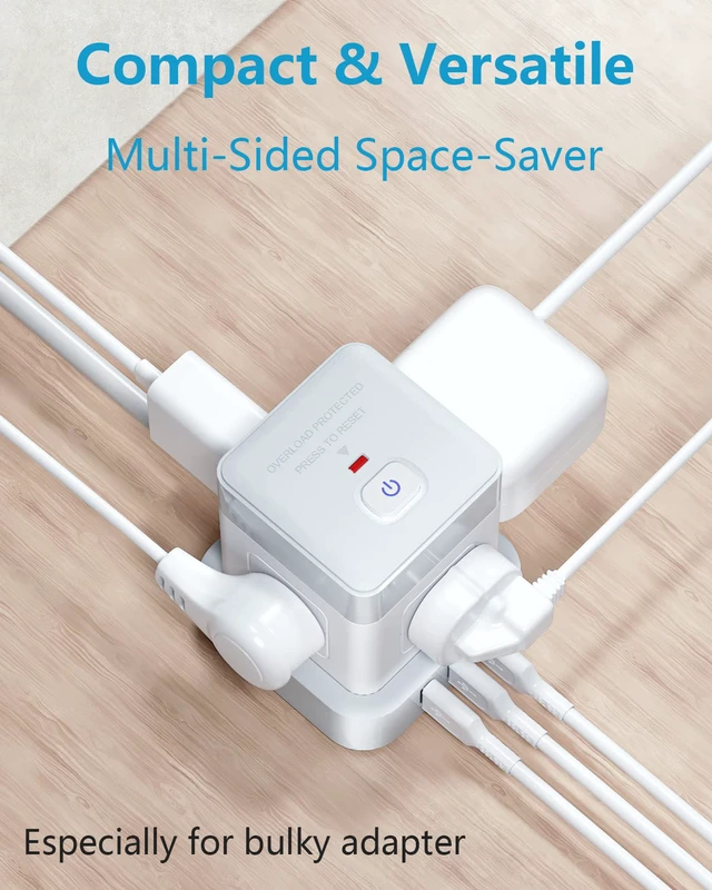 Alt view image 2 of 7 - Cube Power Strip 5 FT, Flat Plug Extension Cord White, 3 USB | USB-A, Compact Cube, Travel Friendly, Fire-Resistant Shell, Overload Protection, 1250W, Smart IC Charging,