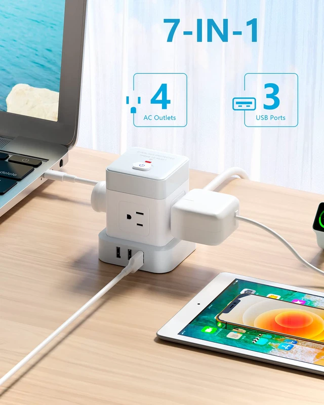 Alt view image 3 of 7 - Cube Power Strip 5 FT, Flat Plug Extension Cord White, 3 USB | USB-A, Compact Cube, Travel Friendly, Fire-Resistant Shell, Overload Protection, 1250W, Smart IC Charging,