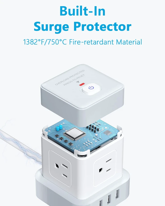 Alt view image 6 of 7 - Cube Power Strip 5 FT, Flat Plug Extension Cord White, 3 USB | USB-A, Compact Cube, Travel Friendly, Fire-Resistant Shell, Overload Protection, 1250W, Smart IC Charging,
