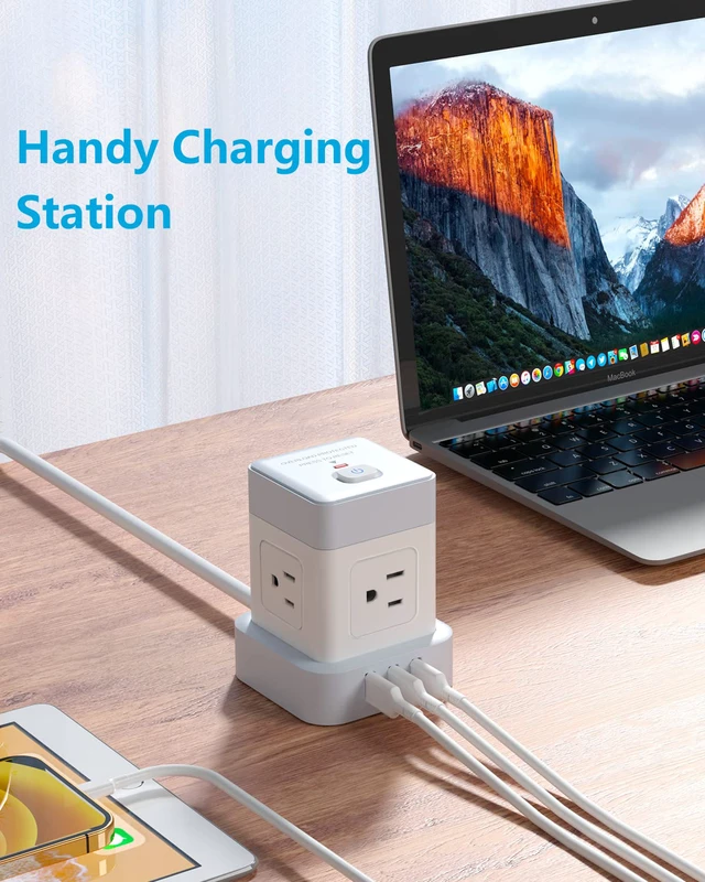 Alt view image 7 of 7 - Cube Power Strip 5 FT, Flat Plug Extension Cord White, 3 USB | USB-A, Compact Cube, Travel Friendly, Fire-Resistant Shell, Overload Protection, 1250W, Smart IC Charging,