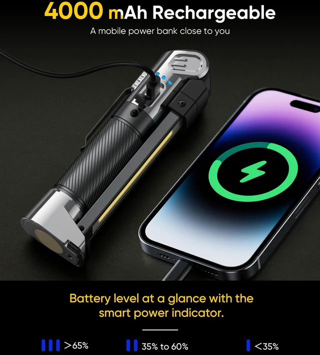 Alt view image 3 of 6 - Rechargeable Work Light - 1200 Lumens Magnetic Flashlight, 4000mAh Magnetic Work Light, 3 Lighting Modes Mechanic Light with Hooks for Car Repairing/Workshop/Inspection, 1 Pack