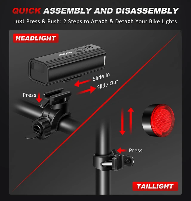 Alt view image 5 of 7 - 1000 Lumens Super Bright Bike Lights for Night Riding, Type-C USB Rechargeable Bike Light Front and Back, 4 Light Modes, Waterproof Bicycle Headlight & Rear Taillight for Road Commuter Cycling