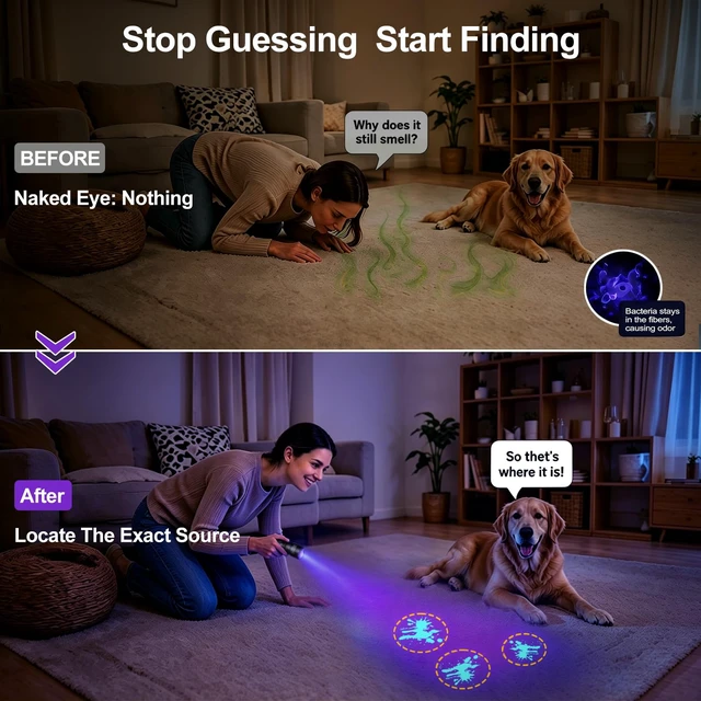 Alt view image 2 of 7 - 365nm UV Flashlight for Pet: 99% Enhance Hidden Stain Detection Rate | 40CM Wide Beam & UV Filter Deliver 10x Clearer Contrast - Reveals 0.1CM Dried Pets Urine on Carpet - No Missed Pinpoint Odor