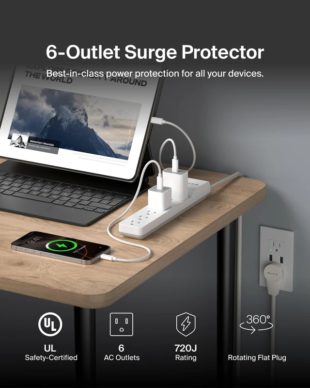 Alt view image 2 of 6 - 6-Outlet Surge Protector Power Strip, 720J, 6ft Cord, Rotating Plug | computer surge protector, rotating plug, home office, desktop computer, TV, gaming setup, extension cord