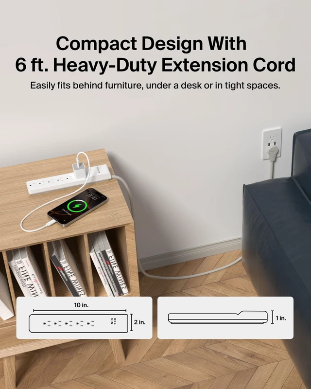 Alt view image 5 of 6 - 6-Outlet Surge Protector Power Strip, 720J, 6ft Cord, Rotating Plug | computer surge protector, rotating plug, home office, desktop computer, TV, gaming setup, extension cord