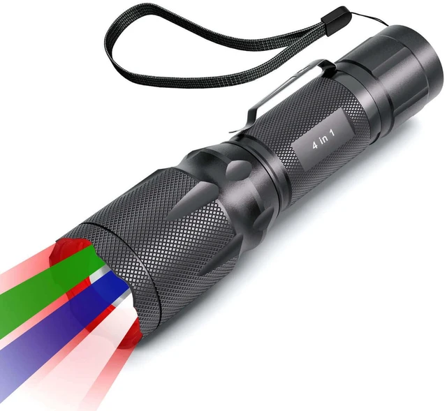 Main image of RGBW 4 Modes Flashlight, Red Green Blue White Light Options | Zoomable & Memory Function | Multi-Color Changing | Compact, Weatherproof for Night Vision | No Battery Included