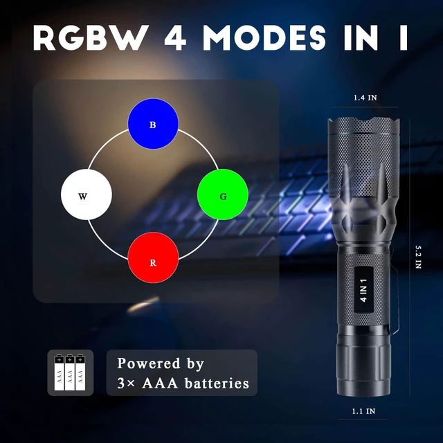 Alt view image 2 of 6 - RGBW 4 Modes Flashlight, Red Green Blue White Light Options | Zoomable & Memory Function | Multi-Color Changing | Compact, Weatherproof for Night Vision | No Battery Included