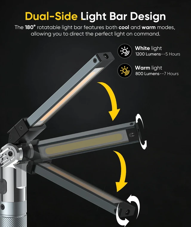 Alt view image 5 of 6 - Magnetic Work Light, 1200LM Rechargeable Work Light with Hook, 3 Mode & Hands-Free Mechanic Light, Magnetic Flashlight for Car Repairing/Emergency/Outdoor Work