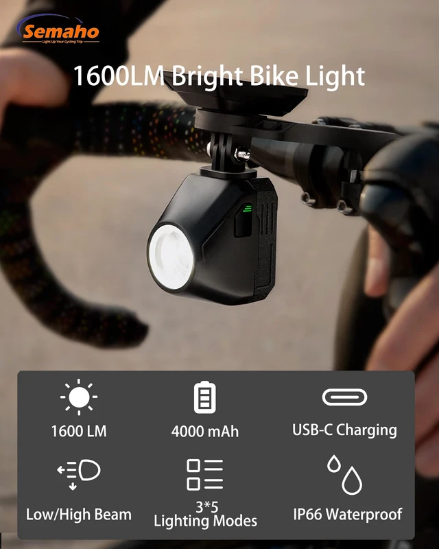 Alt view image 2 of 7 - Bike Light for Night Riding, Front Bike Lights 1600 Lumens USB-C Rechargeable Bicycle Light IP66 Waterproof Bike Headlight for City Commuting Night Riding Cycling